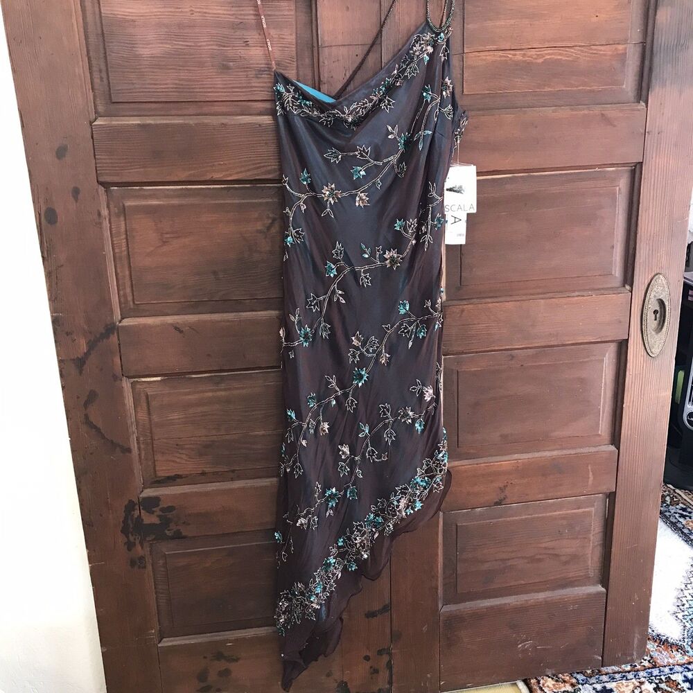 VTG Scala Silk Beaded A-line Dress XL Brown Blue Chiffon Overlay Y2K NWT